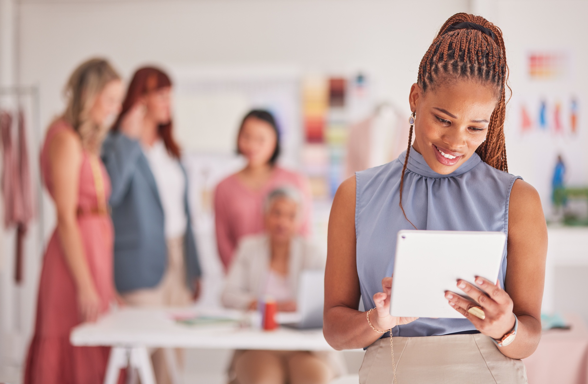 Tablet, fashion designer and planning a marketing strategy online and check email, internet oder an